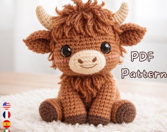 ハイランド牛の編みぐるみパターン PDF – リアルで可愛い牛、座るぬいぐるみ、家畜の編みぐるみおもちゃ