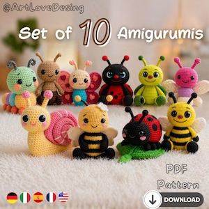 Puede incluir: Un conjunto de diez figuras de amigurumi de ganchillo con forma de insectos coloridos, como una mariquita y una abeja. La imagen incluye el texto "Set of 10 Amigurumis" y "PDF Pattern Download".