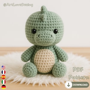 Haakpatroon dinosaurus amigurumi pdf, schattige zittende dino knuffel, gedetailleerde stapsgewijze instructies, direct downloaden