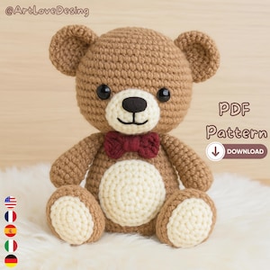 Crochet Teddy Bear Amigurumi Pattern, Beginner Friendly PDF Tutorial, Cute Stuffed Animal Toy, DIY Plushie with Bow, Instant Download