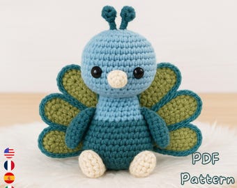 Pfau Amigurumi Häkelanleitung PDF, Einfaches Kuscheltier Häkel-Tutorial, Vogel Plüsch Muster