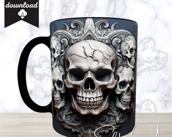 spectacular skull mug wrap with 3D Halloween pumpkins and roses, 11 and 15 oz mugs, digital download,High Resolution, mug templates, PNG