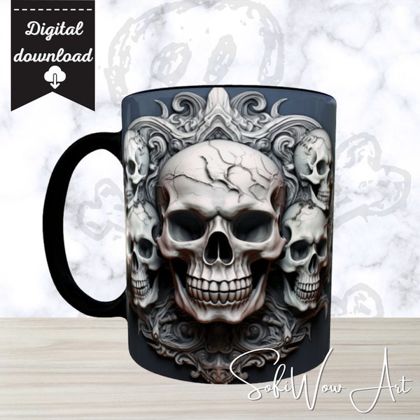 spectacular skull mug wrap with 3D Halloween pumpkins and roses, 11 and 15 oz mugs, digital download,High Resolution, mug templates, PNG