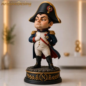 Pode incluir: Uma estatueta estilizada de Napoleão Bonaparte usando um chapéu bicórnio preto com uma roseta tricolor, um casaco militar azul-escuro com dragonas douradas, calções brancos e botas pretas. A figura está sobre uma base circular com um N.