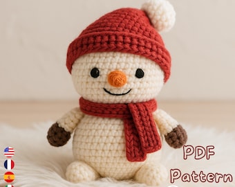 Padrão de crochê amigurumi de boneco de neve de Natal, brinquedo de pelúcia para as férias de inverno, tutorial de crochê em PDF de boneco de neve fofo, padrão de decoração de Natal
