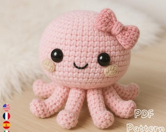 Virkmönster för amigurumi av bläckfisk i PDF-format, handledning för söt plyschleksak, nybörjarvänligt DIY-mönster för gosedjur