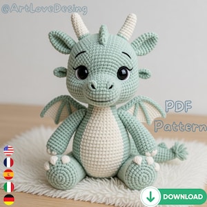 Mint Green Dragon Amigurumi Crochet Pattern PDF, Cute Fantasy Dragon Plush Tutorial, DIY Crochet Toy, Instant Download Gift Idea