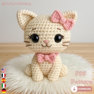 Gehaakte kat amigurumi-patroon pdf, crème kitty knuffel met strik, schattige knuffel DIY-zelfstudie, patroon downloaden