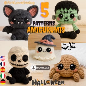 May include: A collection of five crochet amigurumi patterns with a Halloween theme. The designs include a bat, Frankenstein's monster, a ghost, a skeleton, and a spider. The image includes the text "5 PATTERNS AMIGURUMIS" and "HALLOWEEN".