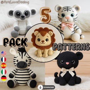 May include: A collection of five crochet animal patterns, including a lemur, tiger, lion, zebra, and panther. Each animal is crafted with detailed features and soft textures. The image includes the words "PACK" and "PATTERNS".