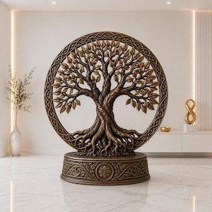 Op de afbeelding: Een bronskleurig cirkelvormig beeldhouwwerk met een gedetailleerde boom met verstrengelde wortels en takken, omsloten door een decoratieve gevlochten rand. Het beeld staat op een cilindrische voet versierd met bloem- en bladreliëfs.
