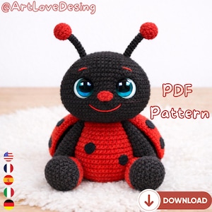 May include: A crocheted ladybug toy with a black head, legs, and spots, and a red body and wings. The ladybug has large blue eyes and a smiling mouth. The image includes the text "PDF Pattern" and a download button.