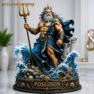 Pode incluir: Uma estatueta detalhada de Poseidon com barba e cabelos brancos longos, vestindo uma túnica azul e armadura dourada. A figura segura um tridente dourado, posiciona-se entre ondas azuis esculpidas e repousa sobre uma base com o rótulo POSEIDON.