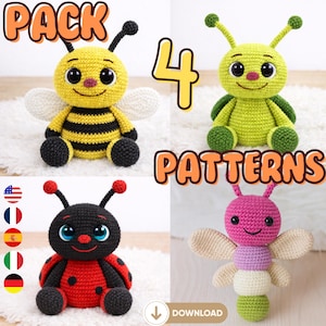 May include: A pack of four crochet insect patterns. The image features a yellow and black bee, a green caterpillar, a red ladybug, and a pink and purple insect. The word "PACK" and "PATTERNS" are displayed in orange text.