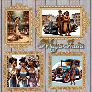 Puede incluir: Cuatro ilustraciones enmarcadas con coches antiguos, parejas y cantantes. Los marcos son ornamentados y de color dorado. Las ilustraciones son de estilo retro con colores y líneas llamativas.