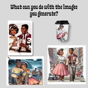 May include: A set of four illustrations featuring couples in vintage clothing. The illustrations are printed on a tote bag, a throw pillow, a phone case, and a travel mug. The illustrations feature a couple holding a milkshake, a couple walking down the street, a couple sitting by a campfire, and a couple holding hands.
