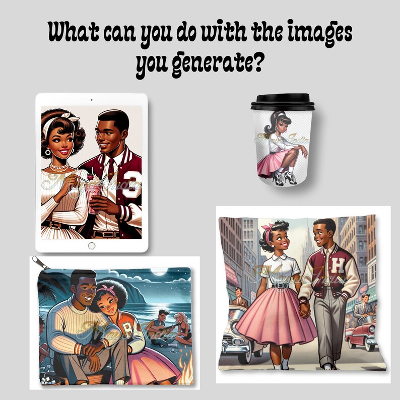 May include: A set of four illustrations featuring couples in vintage clothing. The illustrations are printed on a tote bag, a throw pillow, a phone case, and a travel mug. The illustrations feature a couple holding a milkshake, a couple walking down the street, a couple sitting by a campfire, and a couple holding hands.