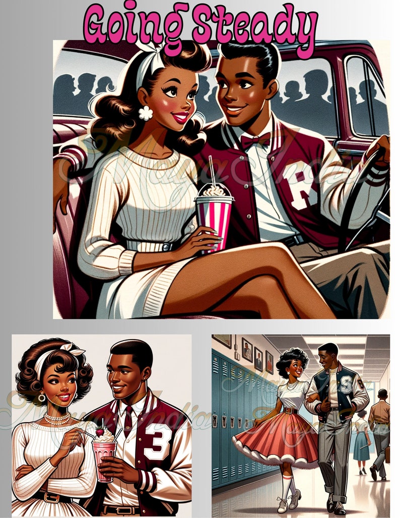 May include: A vintage illustration of a couple in a car, a couple holding milkshakes, and a couple walking down a school hallway. The illustration is in a retro style and features a black and white color scheme. The text "Going Steady" is written in pink at the top of the image.