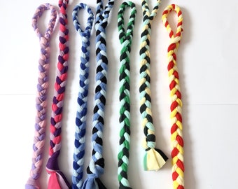 Dog tug toy with handle a handmade braided fleece dog enrichment activity