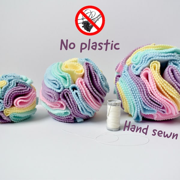 Snuffle ball, PLASTIC FREE hand sewn sniffing pastel rainbow fleece enrichment puzzle for slow feeding sent work training