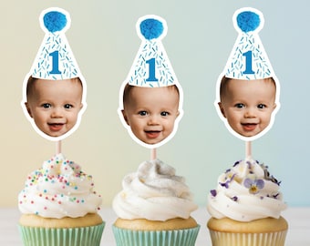 Customized Different Faces Photo Party hat cupcake topper for first milestone birthday photos party hat cupcake decoration face on stick