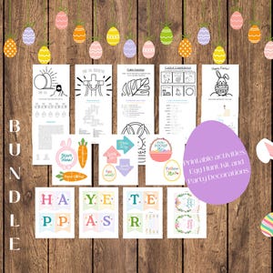 May include: Printable Easter activities, including coloring pages, a word search, a connect the dots, an egg hunt game, and a banner that says "Happy Easter".