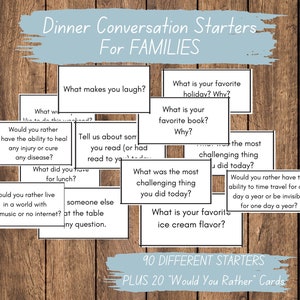 Family Dinner Conversation Starters: 90 Cards + 20 'Would You Rather' (Printable)