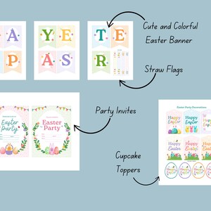 May include: Printable Easter party decorations including a banner with the word "Easter" in colorful letters, party invites with bunny and egg illustrations, and cupcake toppers with the text "Happy Easter".