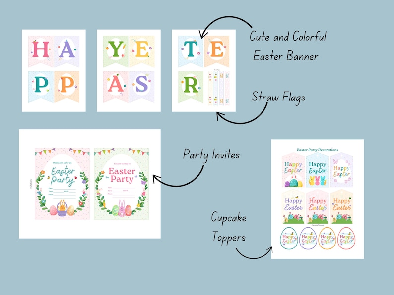 May include: Printable Easter party decorations including a banner with the word "Easter" in colorful letters, party invites with bunny and egg illustrations, and cupcake toppers with the text "Happy Easter".