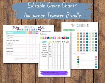 Kids Chore Chart Bundle: Editable Daily & Allowance Tracker (Digital Download)