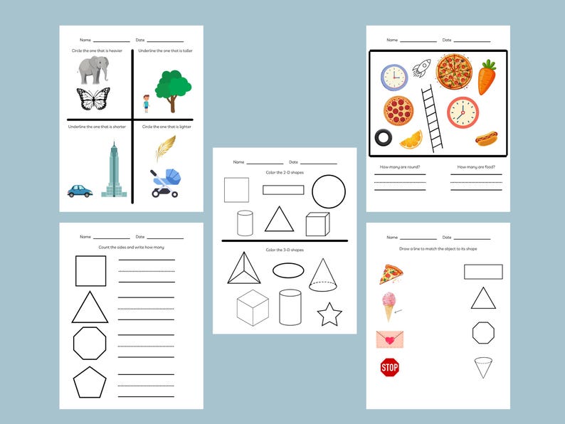 K&ouml;nnte beinhalten: Ein druckbares Arbeitsblatt f&uuml;r Kinder, um das Erkennen von Formen und Farben zu &uuml;ben. Das Arbeitsblatt enth&auml;lt Bilder einer Uhr, einer Pizza, einer Karotte, einer Leiter, eines Hotdogs und eines Stoppschildes. Das Arbeitsblatt enth&auml;lt auch einen Abschnitt zum Z&auml;hlen von Formen und zum Aufschreiben der Anzahl der Formen.