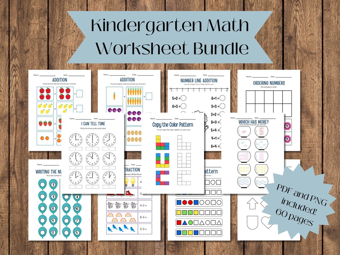 Kindergarten Math Worksheet Bundle: Addition, Subtraction, Telling Time ...
