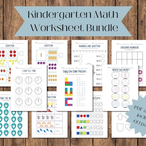 May include: A set of 60 printable kindergarten math worksheets. The worksheets include activities such as addition, number line addition, ordering numbers, telling time, copying color patterns, and more. The worksheets are black and white with colorful illustrations.