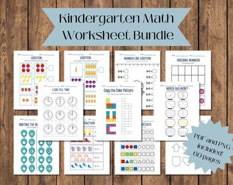 Kindergarten Math Worksheets| Kindergarten Math Bundle| Kindergarten Math Sheets| Addition and Subtraction | How to tell Time Worksheets