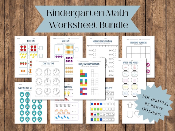 Kindergarten Math Worksheet Bundle: Addition, Subtraction, Telling Time (PDF & PNG)
