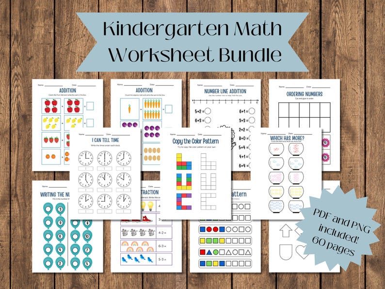 K&ouml;nnte beinhalten: Ein Satz von 60 druckbaren Kindergarten-Mathematik-Arbeitsbl&auml;ttern. Die Arbeitsbl&auml;tter beinhalten Aktivit&auml;ten wie Addition, Addition auf einer Zahlenlinie, Ordnen von Zahlen, Uhrzeit lesen, Kopieren von Farbmustern und mehr. Die Arbeitsbl&auml;tter sind schwarzwei&szlig; mit bunten Illustrationen.