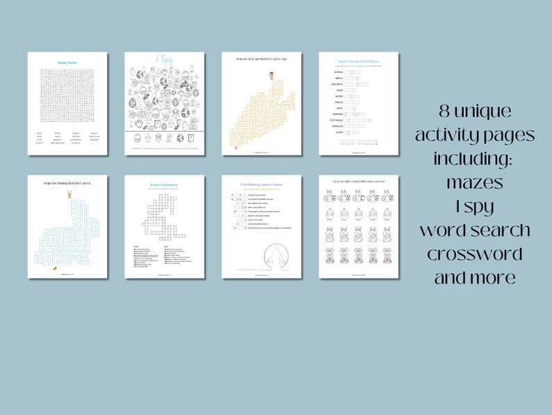 May include: Eight printable Easter activity pages, including mazes, I Spy, word search, and a crossword puzzle.