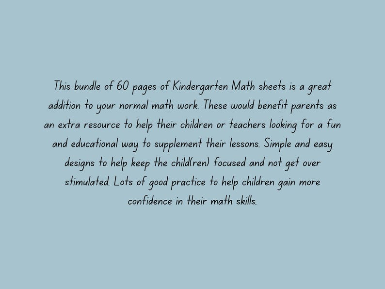 K&ouml;nnte beinhalten: Ein druckbarer Satz von 60 Kindergarten-Mathematikbl&auml;ttern. Diese Ressource soll Kindern helfen, mathematische F&auml;higkeiten auf eine lustige und ansprechende Weise zu erlernen. Die Arbeitsbl&auml;tter sind einfach und leicht zu verwenden und bieten viel &Uuml;bung, um Kindern zu helfen, Selbstvertrauen in ihre mathematischen F&auml;higkeiten zu gewinnen.
