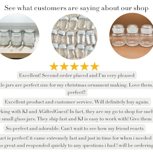 May include: The image showcases three sets of small glass jars with lids. The jars are clear, and the lids are white. The image also includes customer reviews with a five-star rating, praising the product's size and the seller's service.