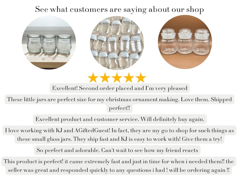 May include: The image showcases three sets of small glass jars with lids. The jars are clear, and the lids are white. The image also includes customer reviews with a five-star rating, praising the product's size and the seller's service.