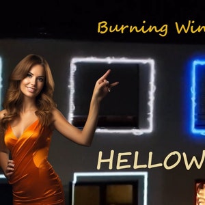 May include: A woman in a bright orange dress stands in front of a wall with four windows. The windows are outlined in glowing neon lights, two white and two blue. The text "Burning Windows" is written above the windows and "HELLOWEEN" is written below the windows.