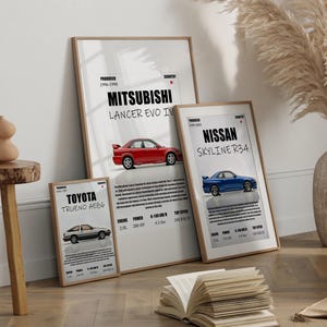 Könnte beinhalten: Drei gerahmte Autoposter mit einem roten Mitsubishi Lancer Evo IV, einem blauen Nissan Skyline R34 und einem silbernen Toyota Trueno AE86. Die Poster zeigen Autospezifikationen und sind auf einem Holzboden ausgestellt.