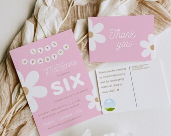Pink Daisy Birthday Invite & Thank You Postcard: Canva Template (Digital)