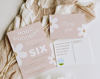 Daisy Birthday Invite & Thank You Postcard: Neutral Canva Template (Digital Download)