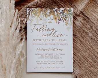 Fall Baby Shower Invite Template | 5x7 Invite | Canva Template | Falling in Love | Fall Shower | Shower Invite | Pampas and Leaves