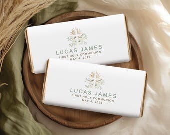 First Holy Communion Chocolate Bar Wrapper Template: Neutral Sage, Editable Canva (Digital)