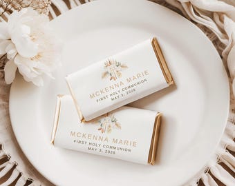 First Holy Communion Chocolate Bar Wrapper Template: Gold Floral, Editable Canva (Digital), Printable