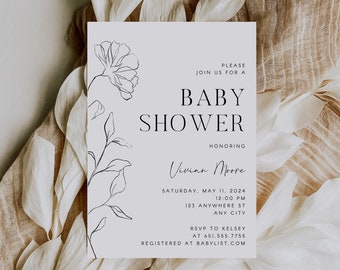Minimalist Floral Baby Shower Invitation Template (Canva Editable)