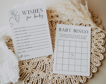 Floral Baby Shower Games: Bingo & Wishes (5x7 Canva Template, Digital Download)