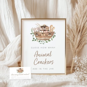 Letrero para baby shower del Arca de Noé / Galletas de animales / Letrero de 8x10 / Tarjetas de 3.5x2 / Plantilla de Canva / Personalizable / Animales / Arca